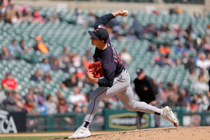 Apr 19, 2023; Detroit, Michigan, USA; Cleveland Guardians relief pitcher James Karinchak (99) pitches in the eighth inning against the Detroit Tigers at Comerica Park. Mandatory Credit: Rick Osentoski-USA TODAY Sports